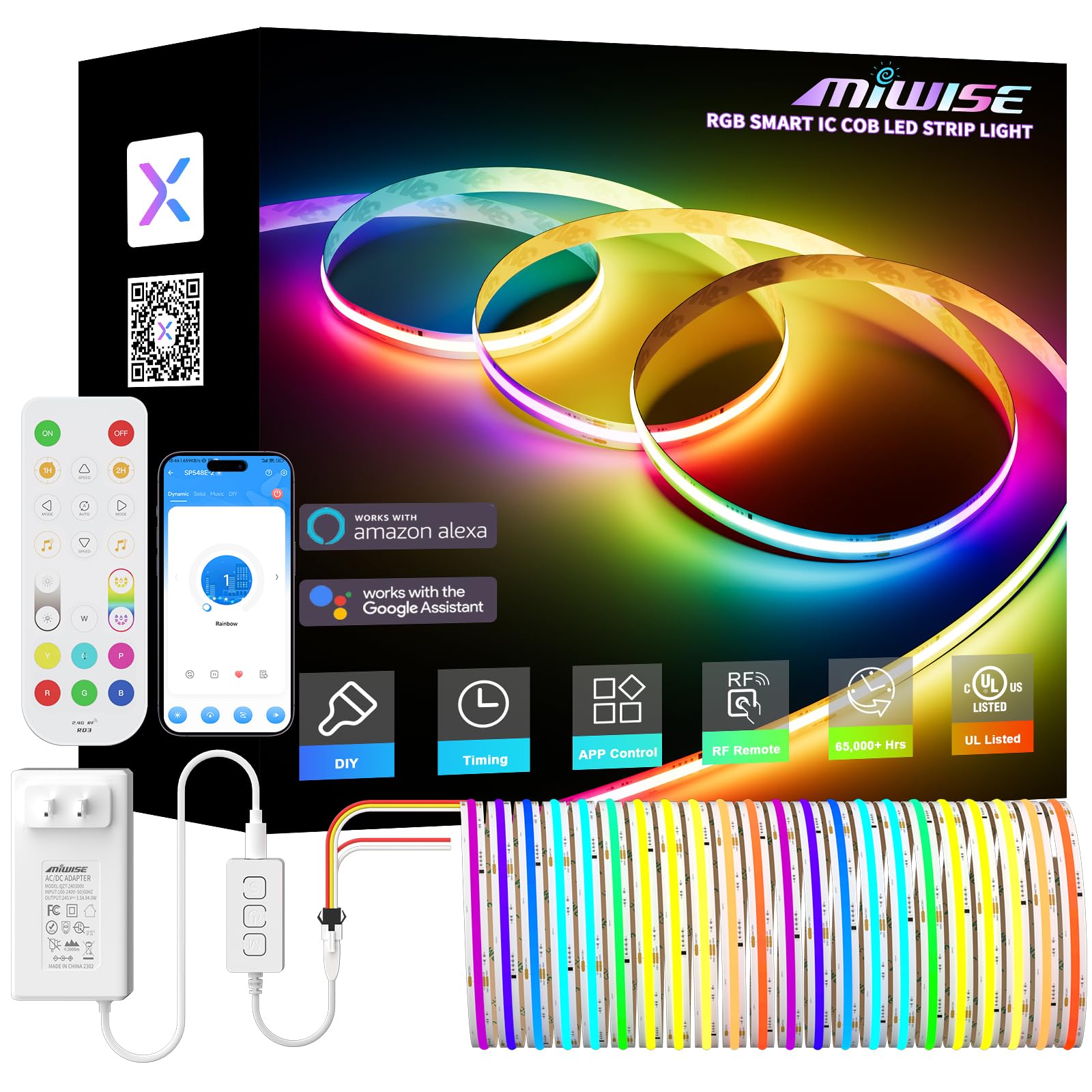 MIWISE RGB strip close-up showing vibrant color matrix for vivid mood lighting