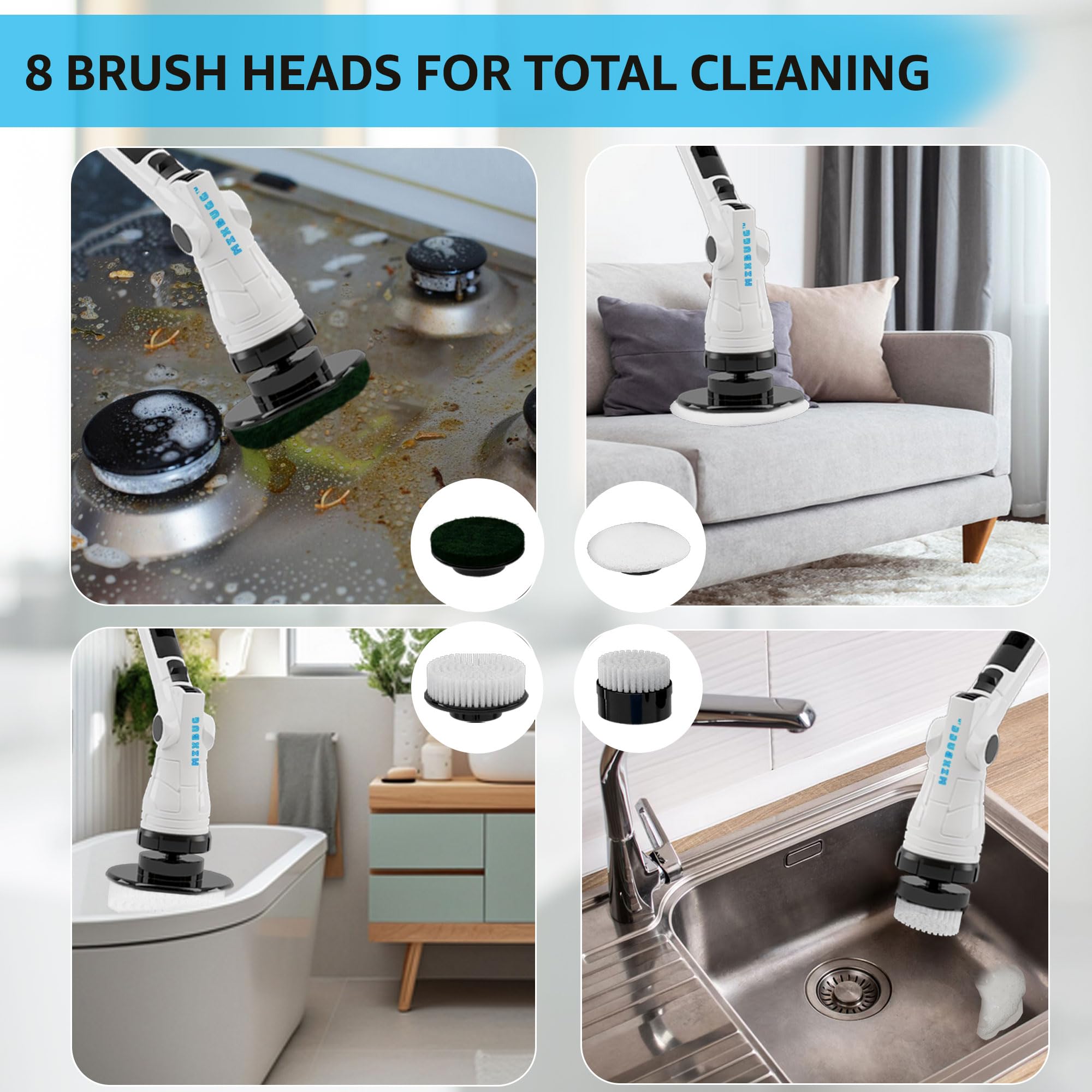 Extendable 12–54 inch handle on the Mixbugg scrubber for comfortable standing cleaning.
