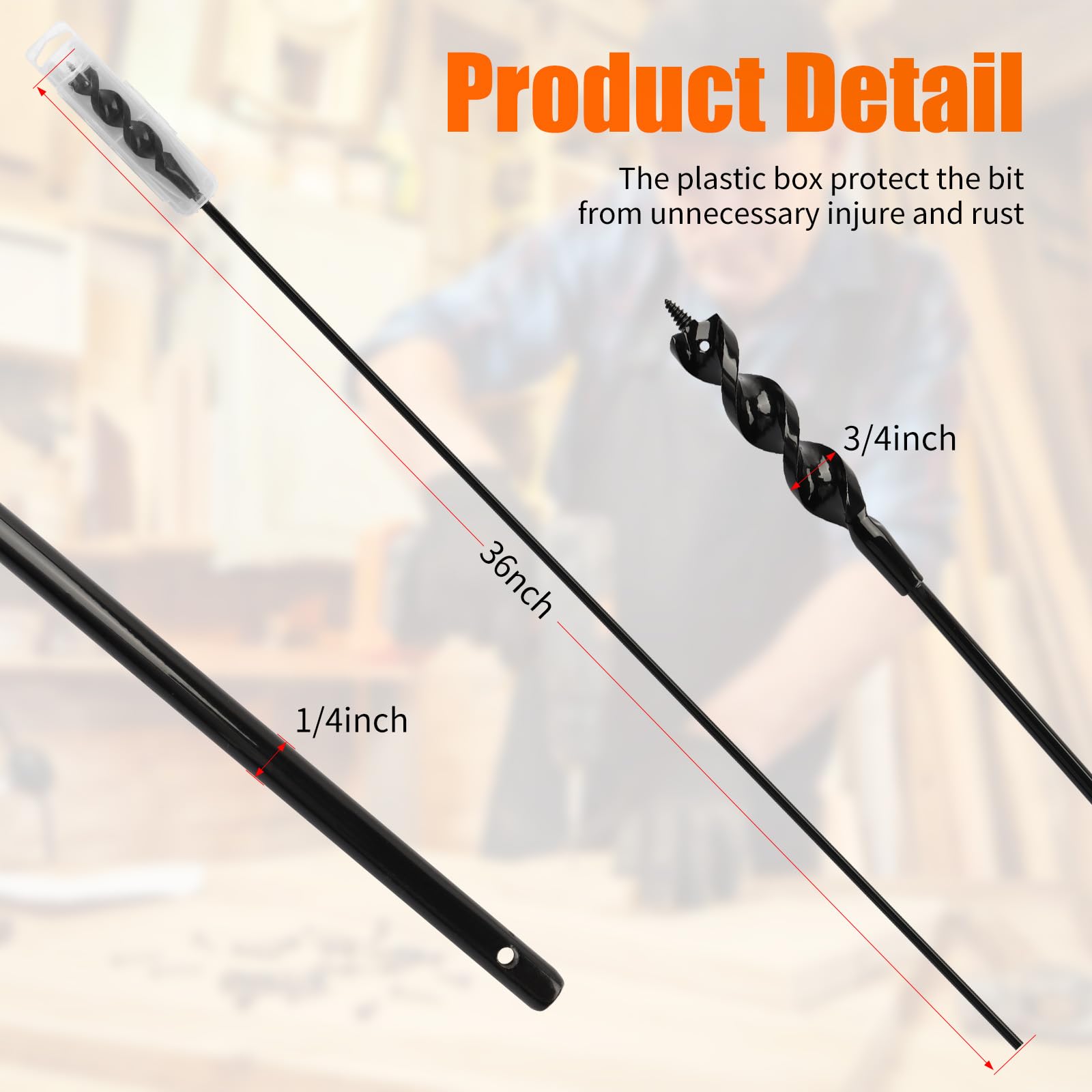 Mixiflor drill bit close-up highlights one-quarter inch shank for drill compatibility.