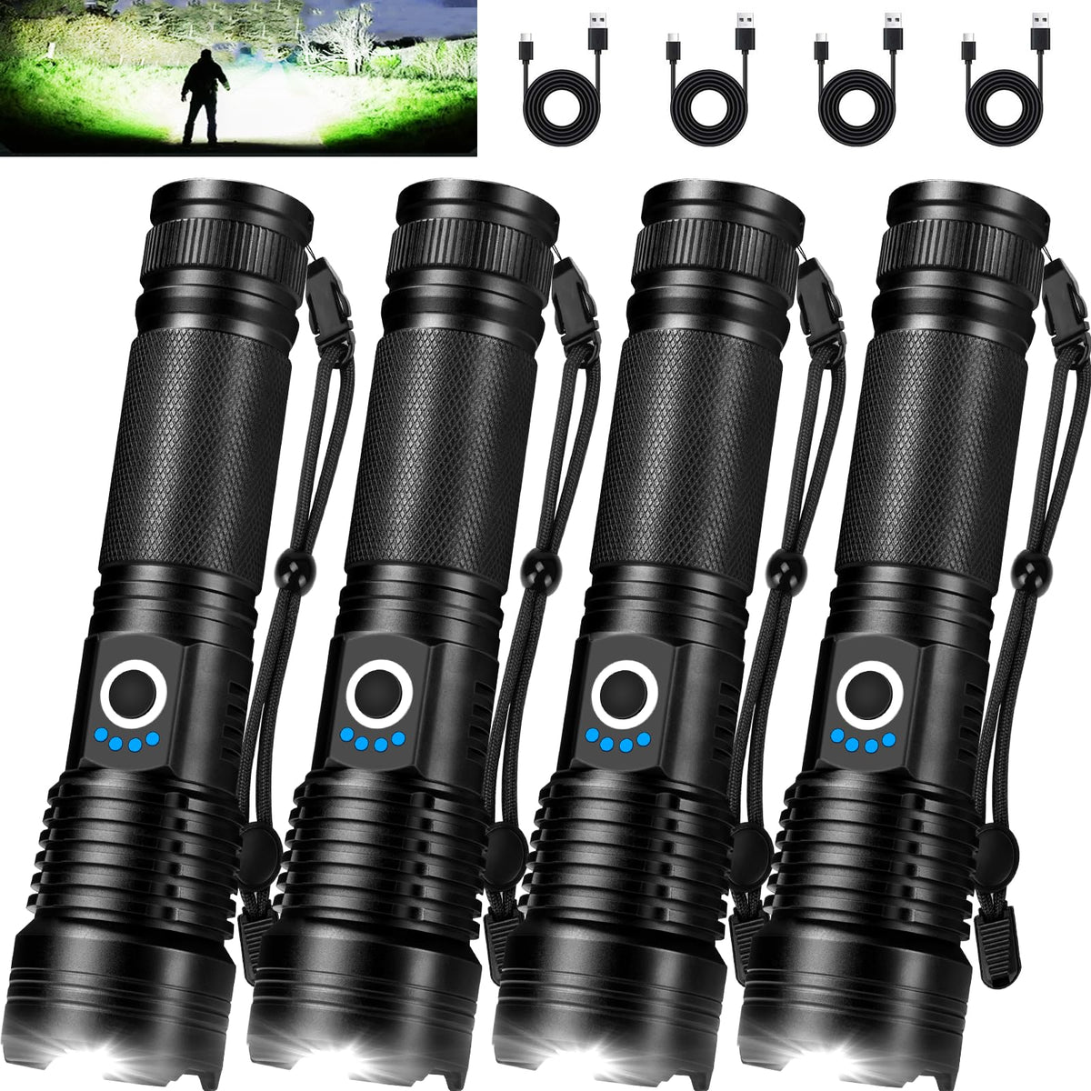 MIXILIN four-pack rechargeable flashlights with a powerful 99k-lumen beam for outdoor use