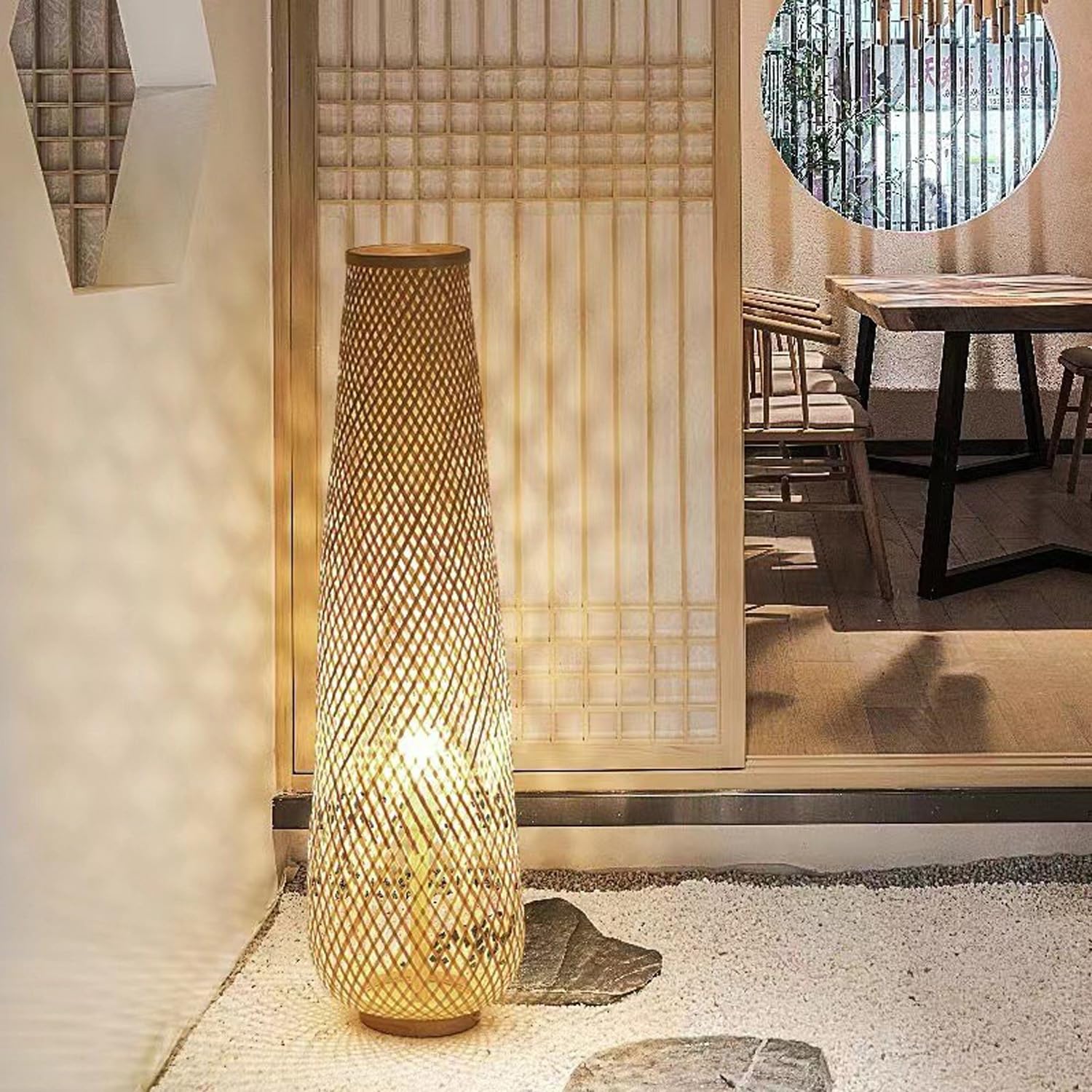 MIXL bohemian weave lamp body showcases intricate bamboo detailing.