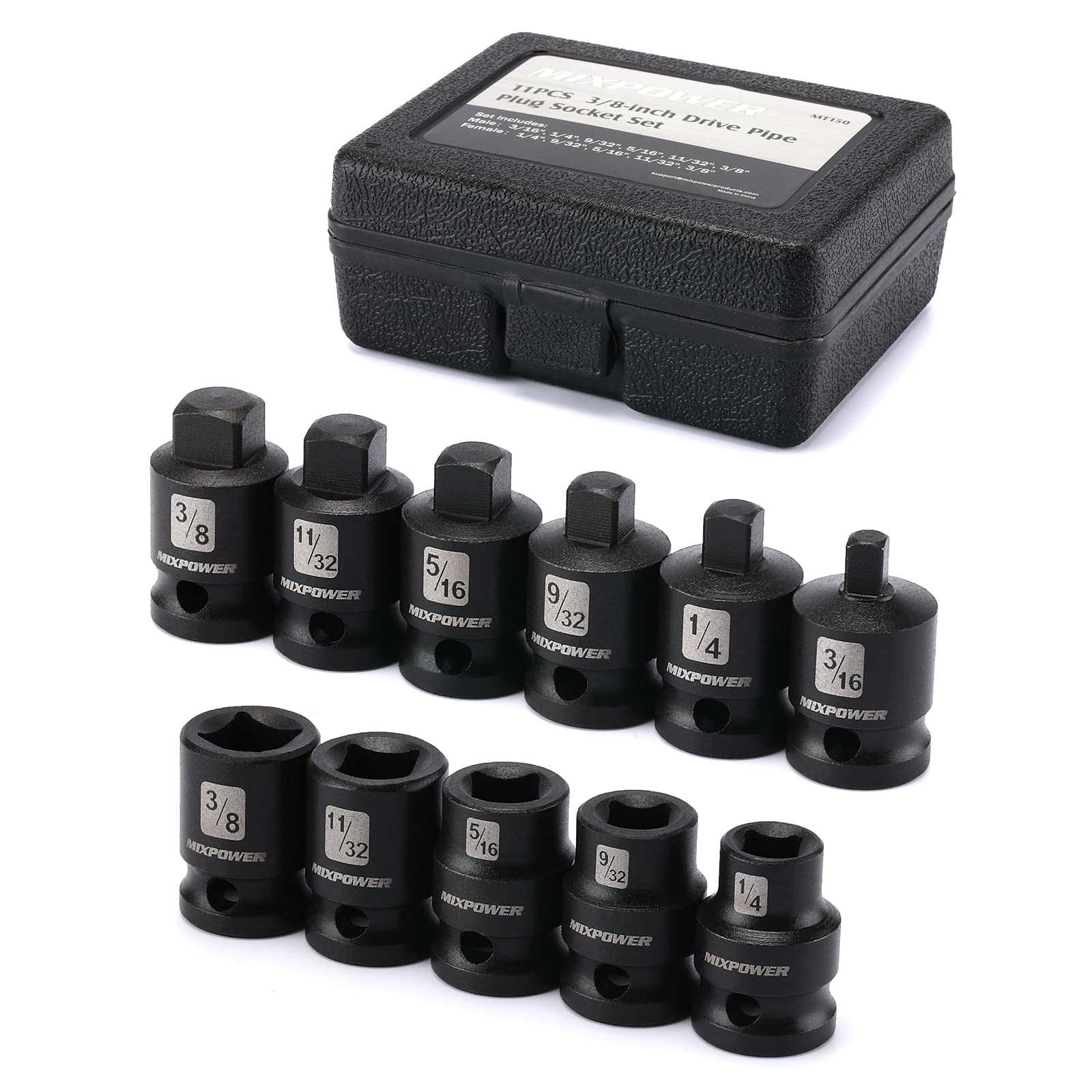 MIXPOWER 11-piece 3/8 drive pipe plug sockets with laser-etched sizes for quick ID
