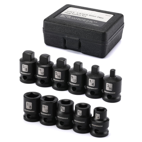 MIXPOWER 11-piece 3/8 drive pipe plug sockets with laser-etched sizes for quick ID