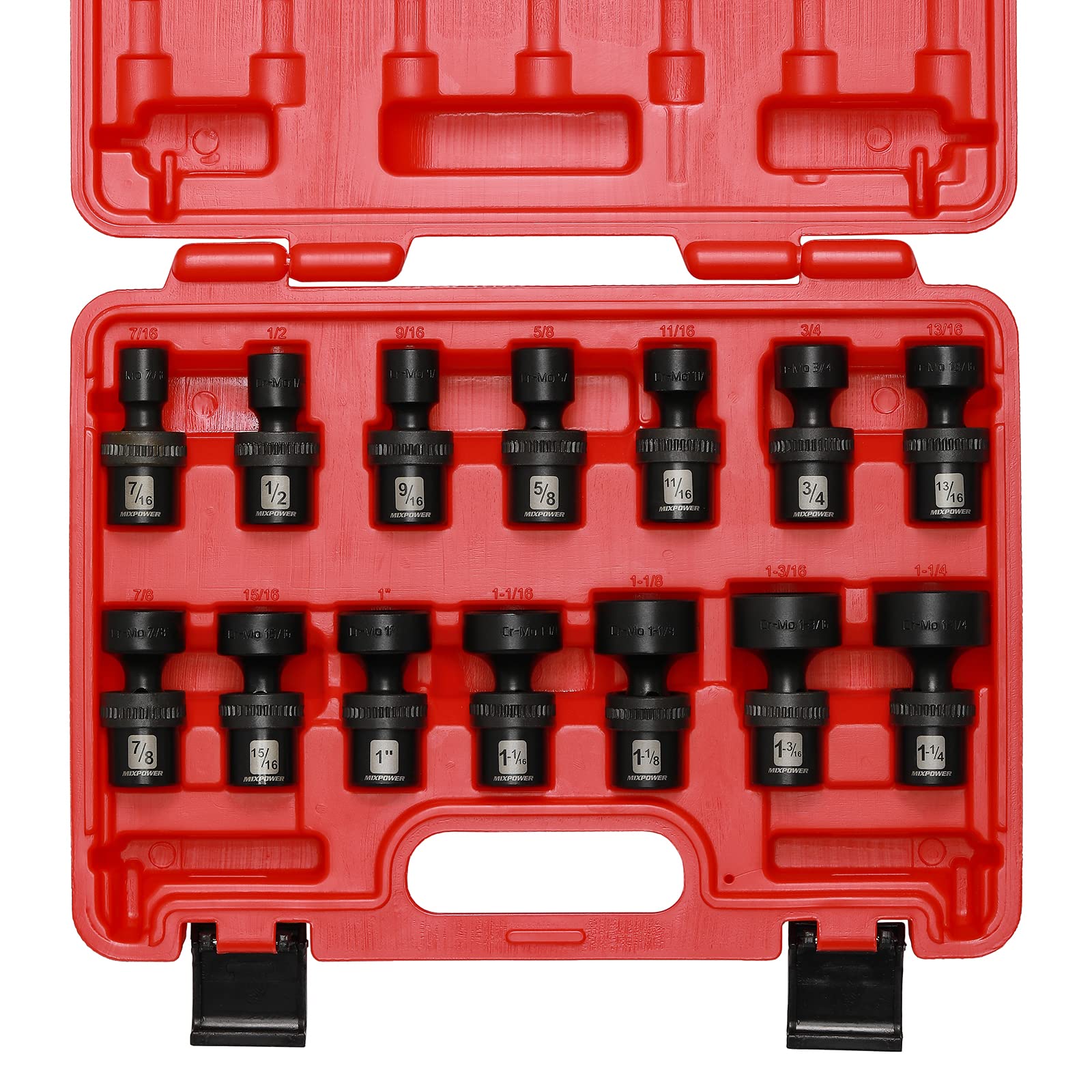 MIXPOWER 12-drive SAE sizes laid out for quick identification during repairs.
