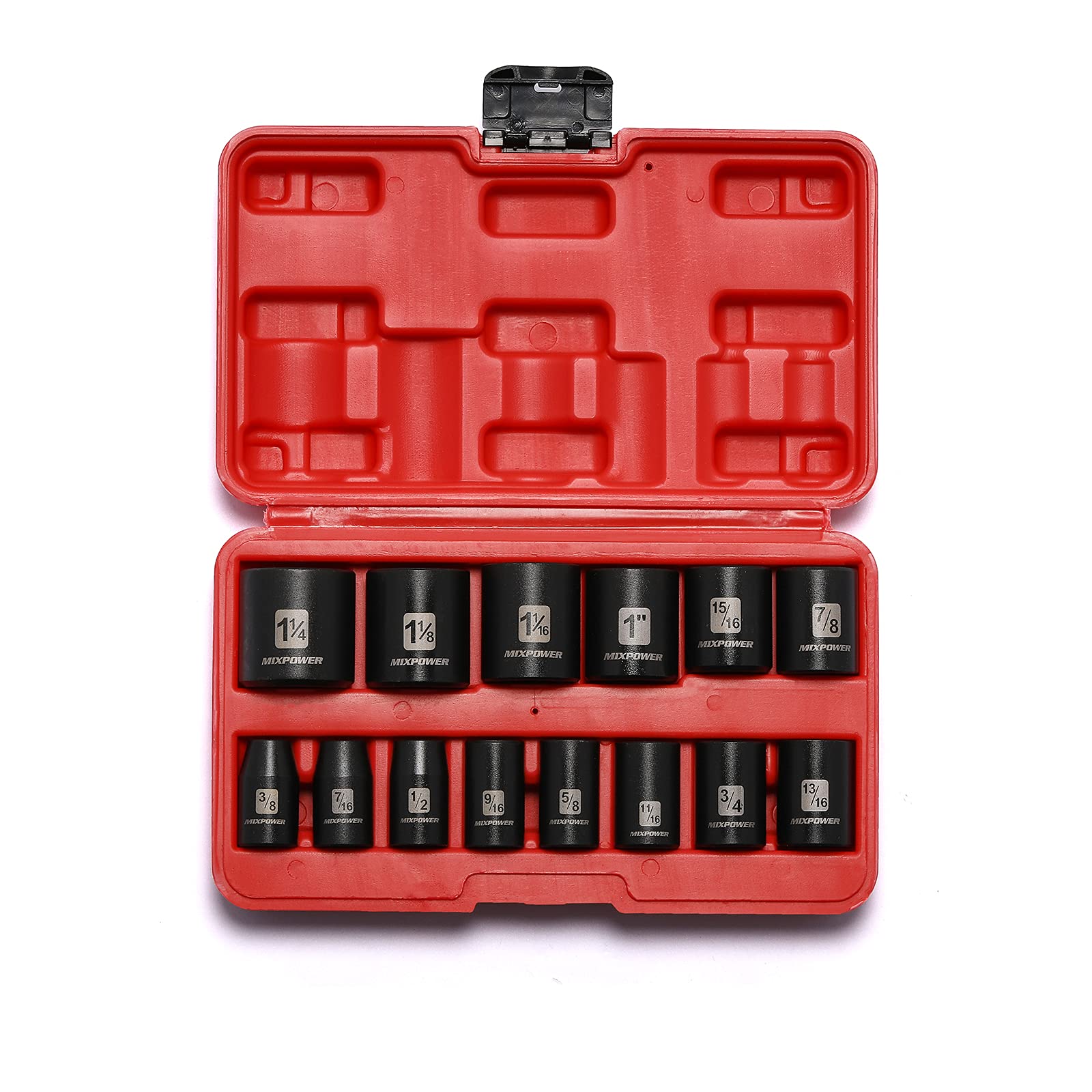 MIXPOWER 14-piece half-inch drive sockets cover 3/8 to 1-1/4 inch bolts for versatile repairs.