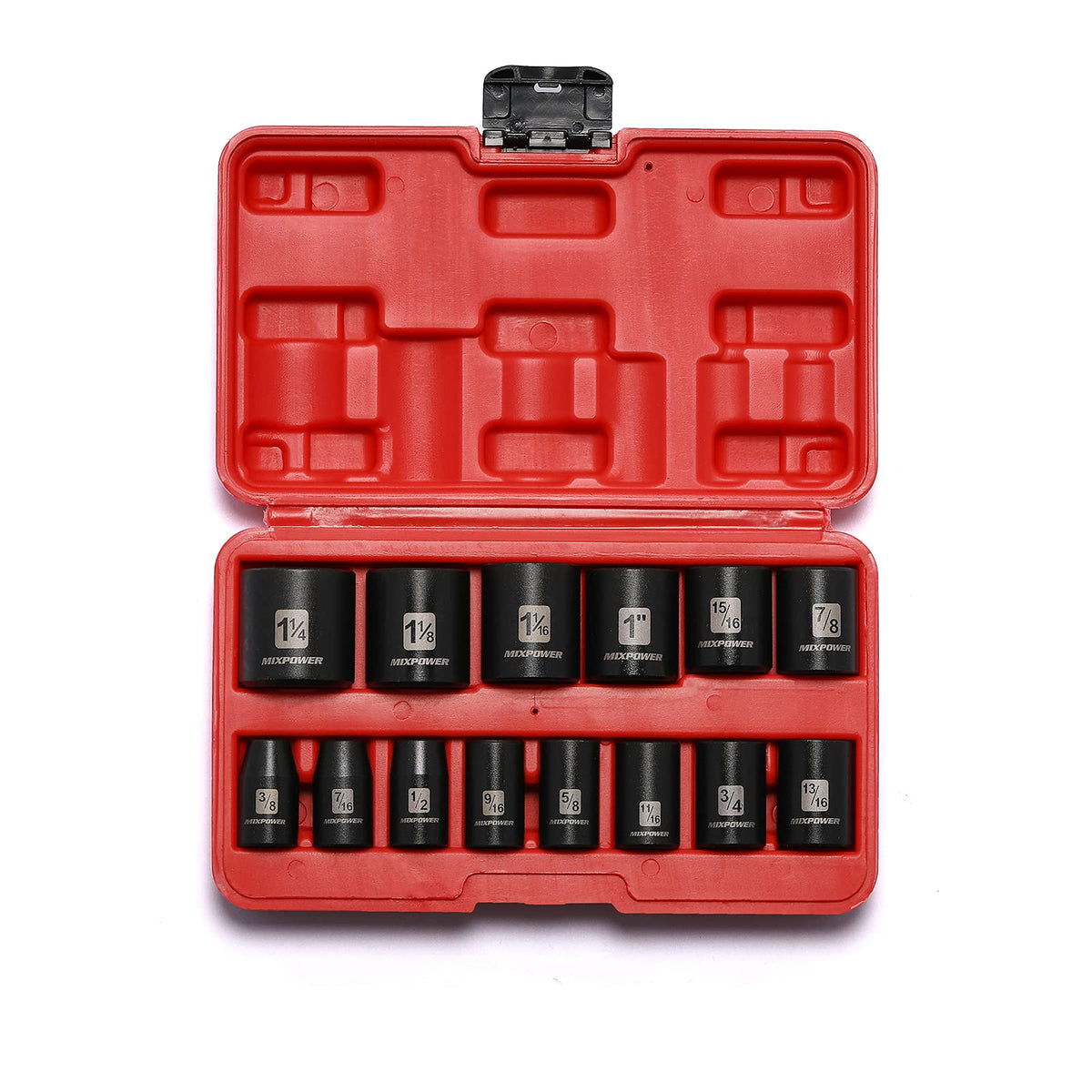 MIXPOWER 14-piece half-inch drive sockets cover 3/8 to 1-1/4 inch bolts for versatile repairs.