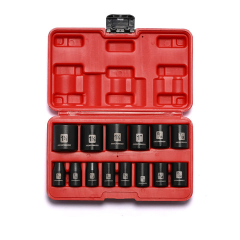 MIXPOWER 14-piece half-inch drive sockets cover 3/8 to 1-1/4 inch bolts for versatile repairs.