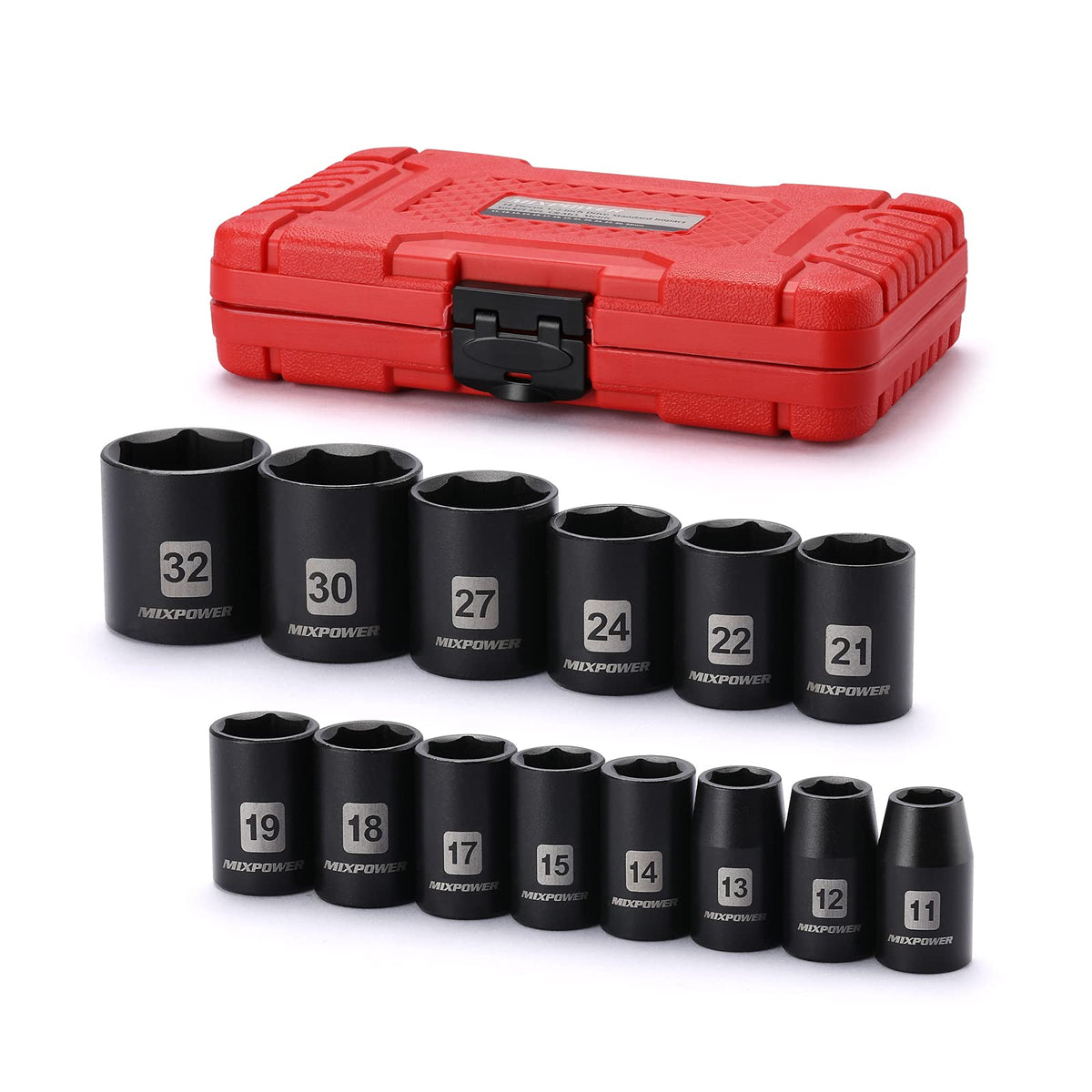 MIXPOWER 14-piece 1/2-inch drive shallow socket set showing 11-32mm sizes for versatile fastener work.