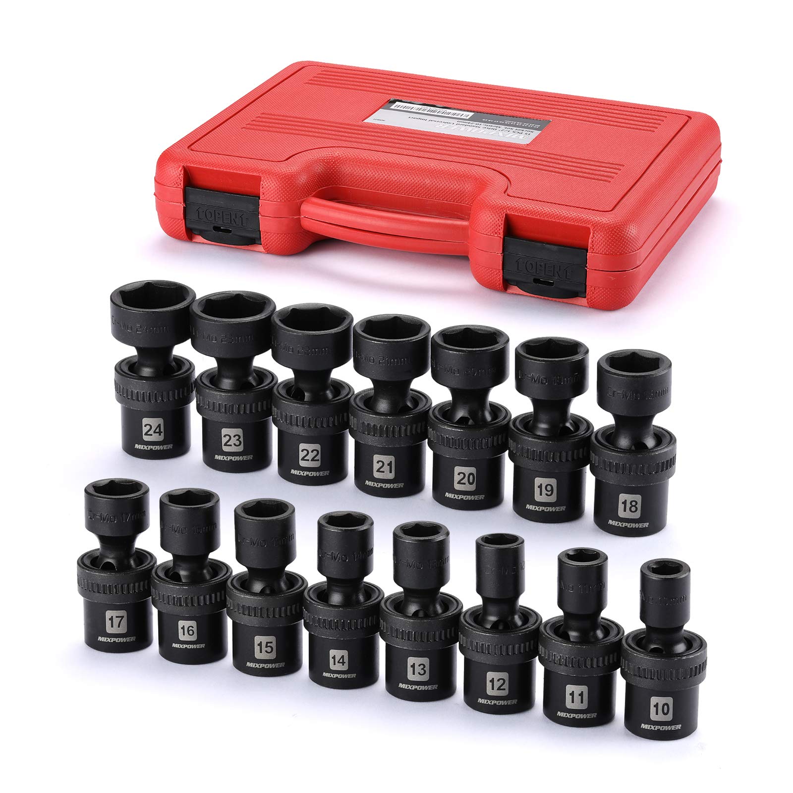 MIXPOWER 15-piece set in case with 1/2-inch drive universal sockets for easy storage.