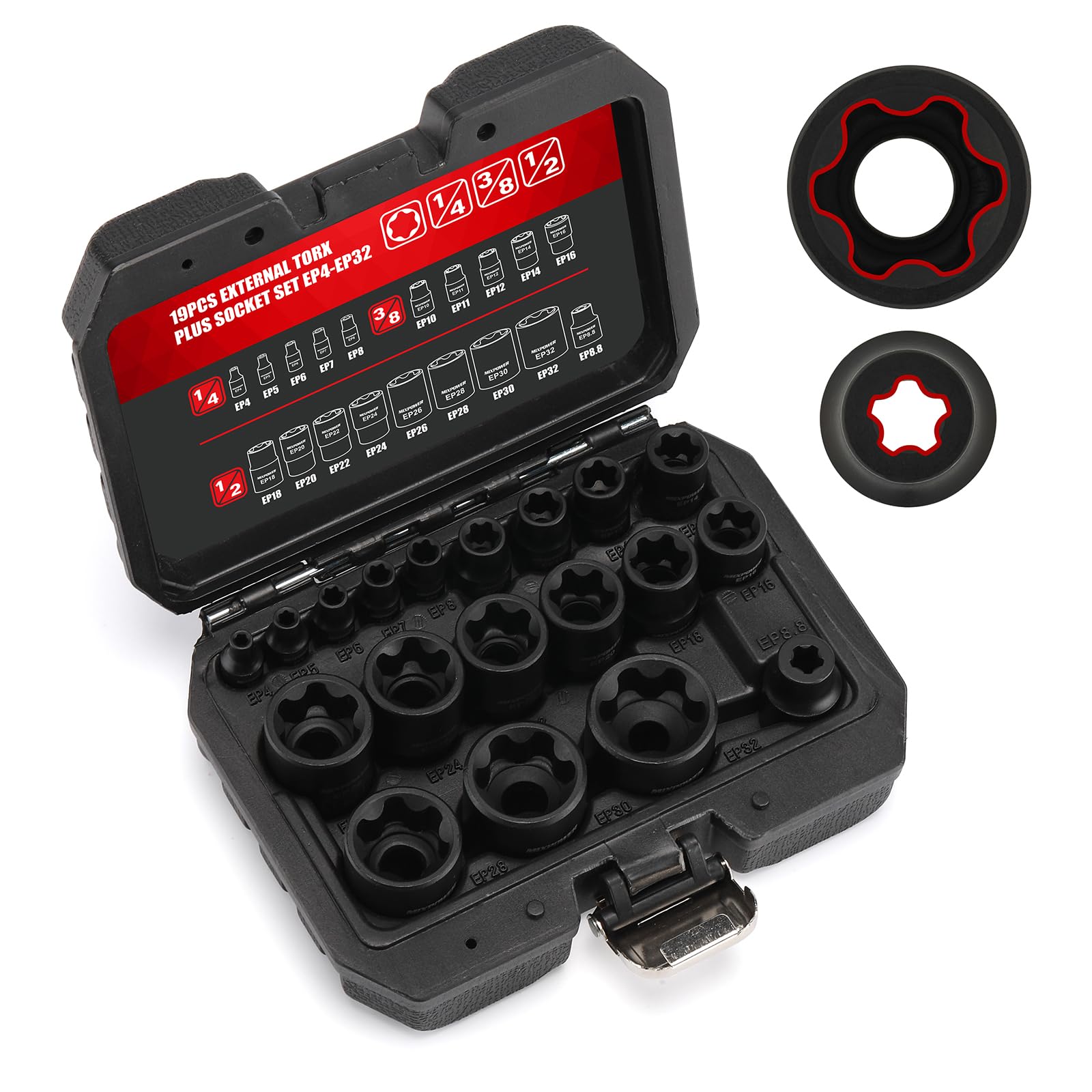 MIXPOWER 19PC external Torx Plus sockets displayed in a sturdy blow-molded case for organization