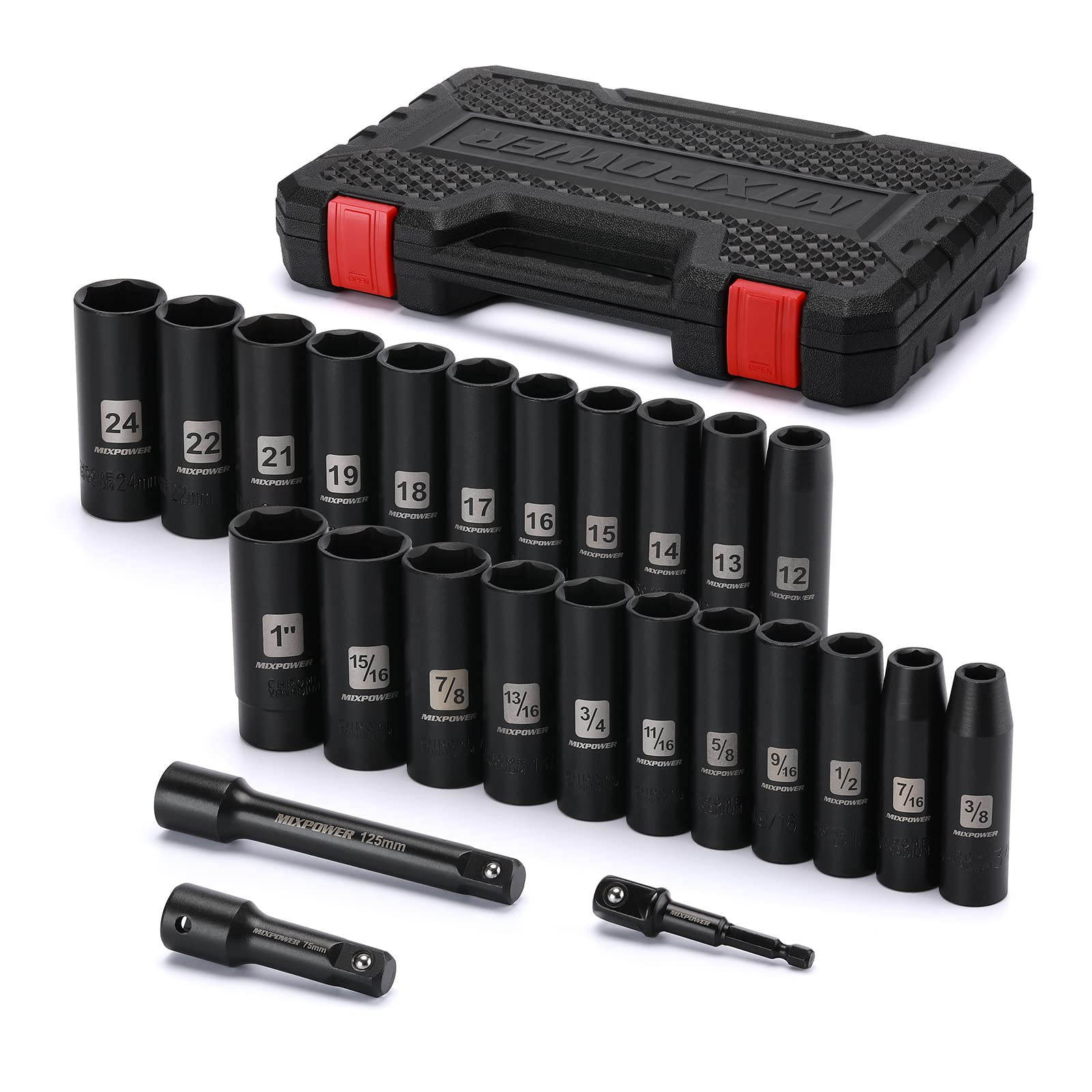 Mixpower 25-piece deep socket set with 1/2-inch drive, ideal for metric and SAE fasteners.