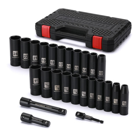 Mixpower 25-piece deep socket set with 1/2-inch drive, ideal for metric and SAE fasteners.