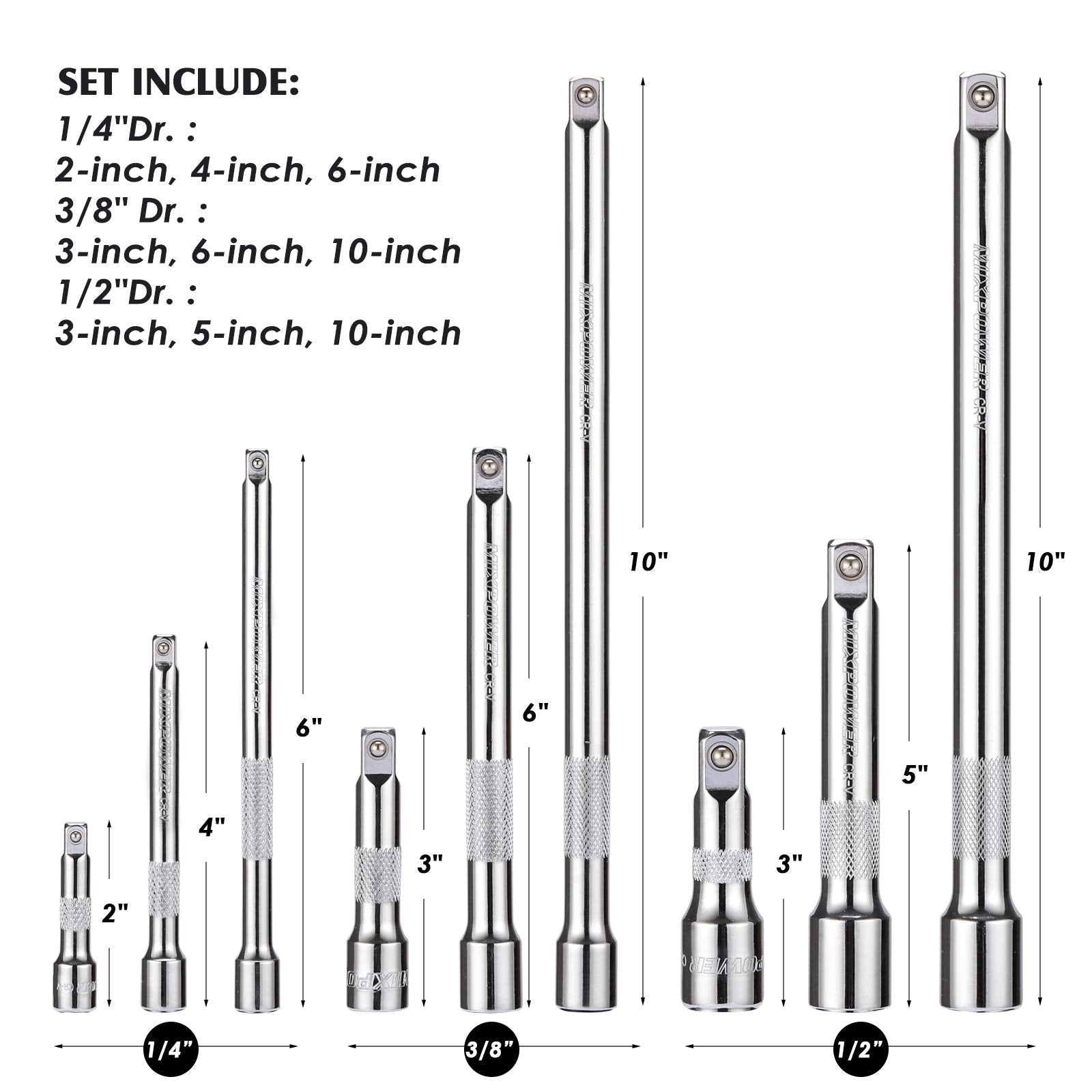 MIXPOWER 6-inch 3/8-inch extension bar offers mid-reach leverage.