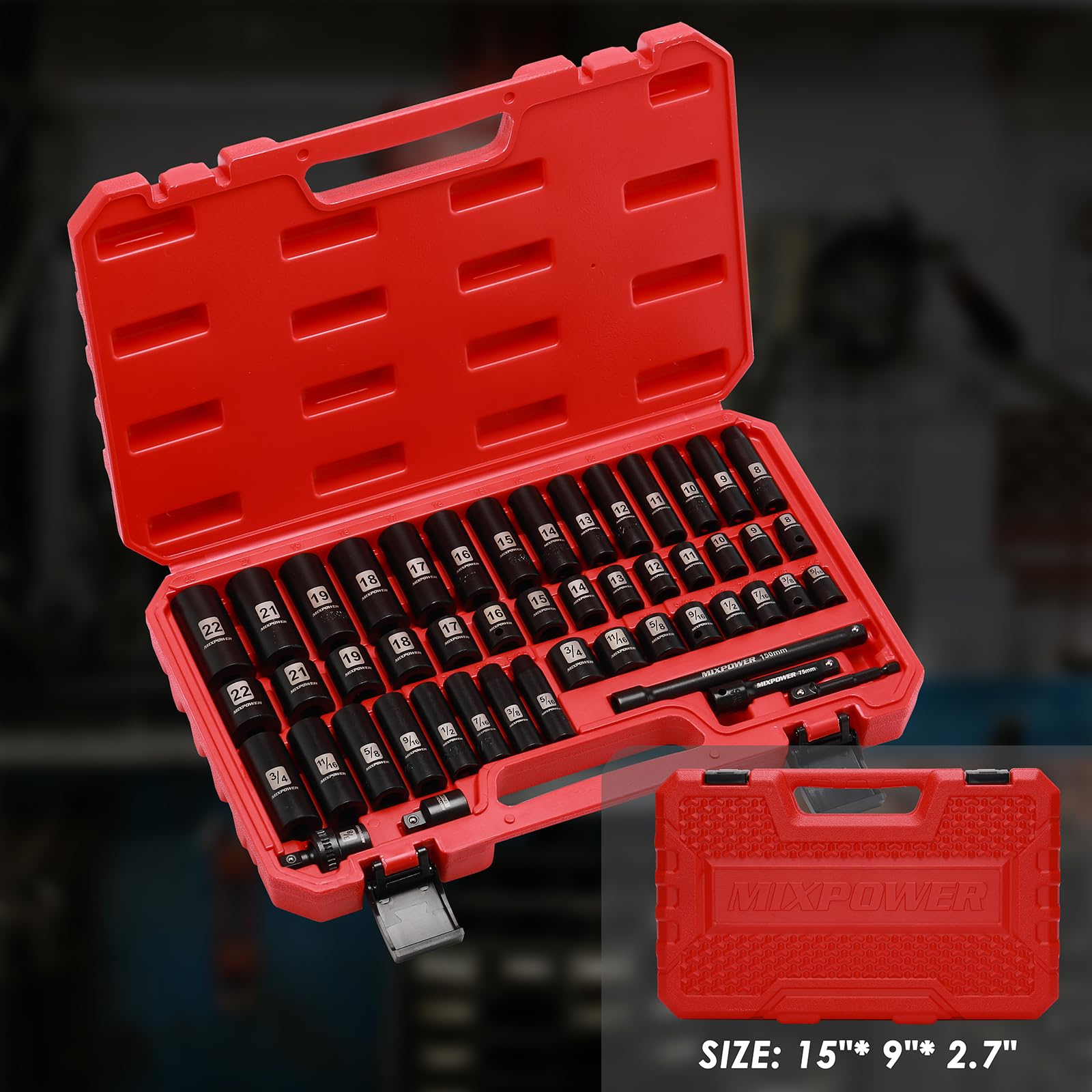 MIXPOWER kit includes extensions and deep/shallow sockets for flexible reach.