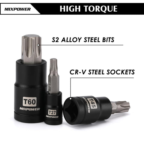Mixpower E-Torx sockets 1/2" drive E22 to E24 for heavy-duty jobs.