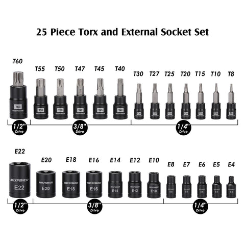 MIXPOWER E-Torx sockets in a compact case for organized tool storage.