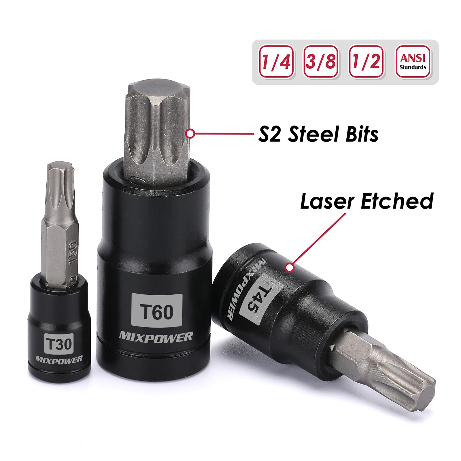 MIXPOWER S2 alloy steel torx bits emphasize high wear resistance.
