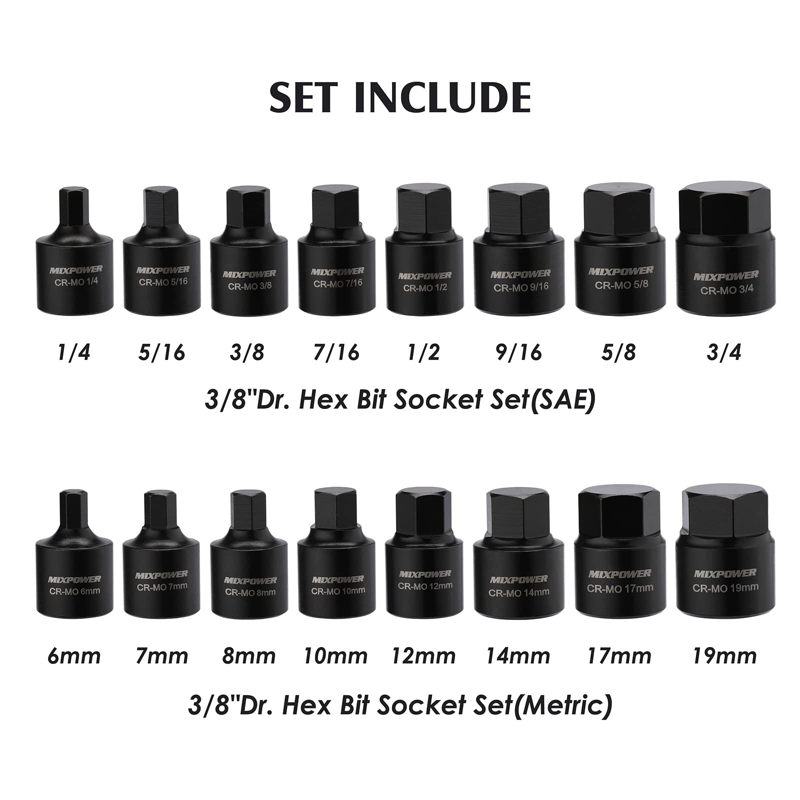 MIXPOWER SAE hex sizes cover common fasteners.