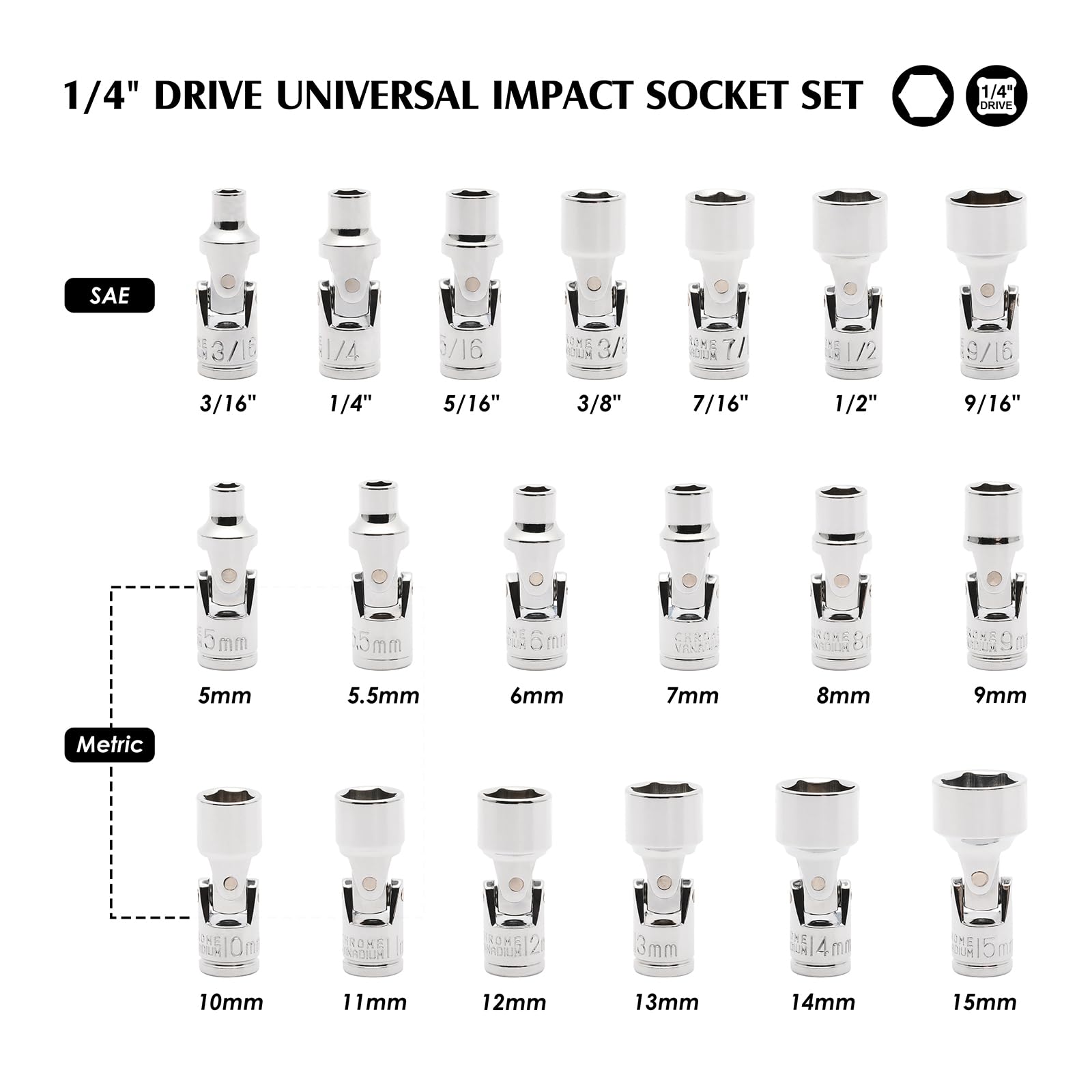 MIXPOWER SAE and metric sockets laid out with clear size markings for quick selection.