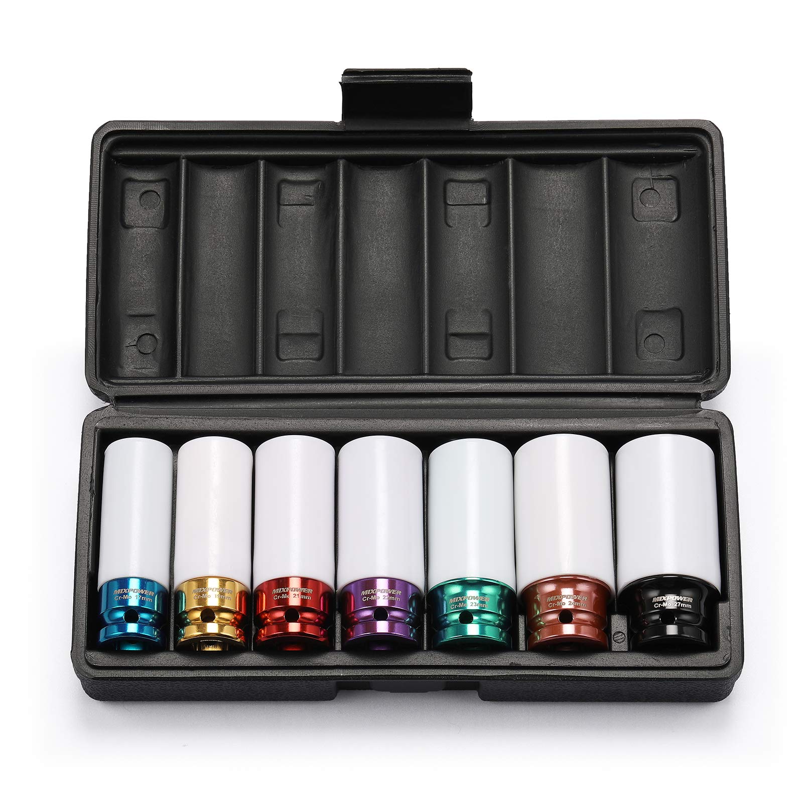 MIXPOWER seven-piece deep socket set laid out for easy size identification.