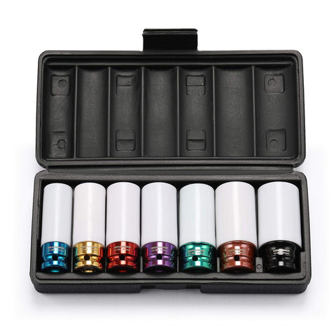 MIXPOWER seven-piece deep socket set laid out for easy size identification.