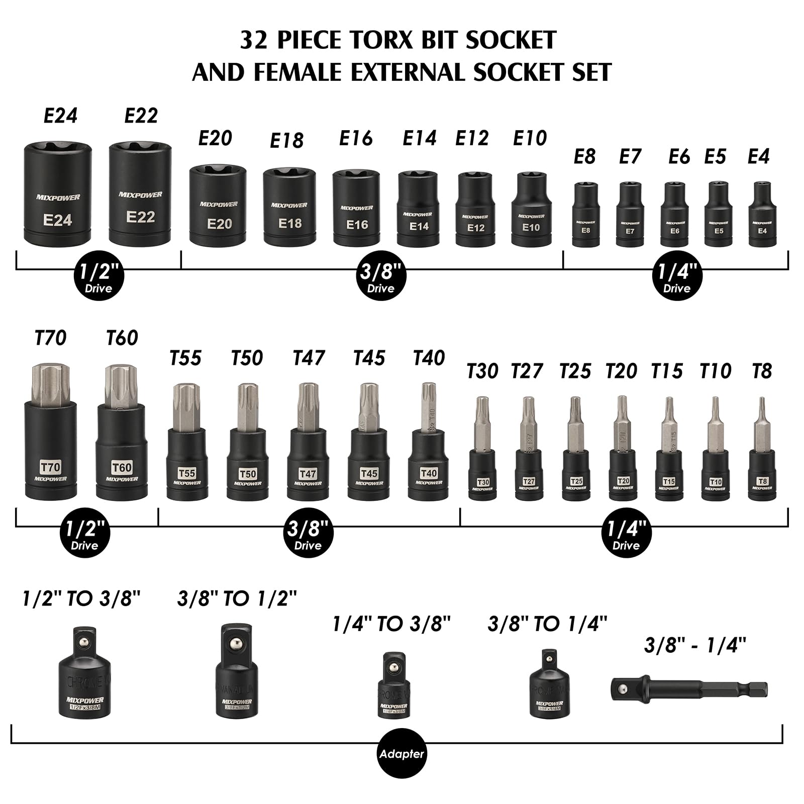 Mixpower torx sockets in 3/8" drive from T40 to T50 for efficient repairs.