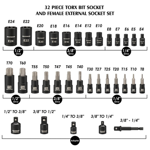Mixpower torx sockets in 3/8" drive from T40 to T50 for efficient repairs.