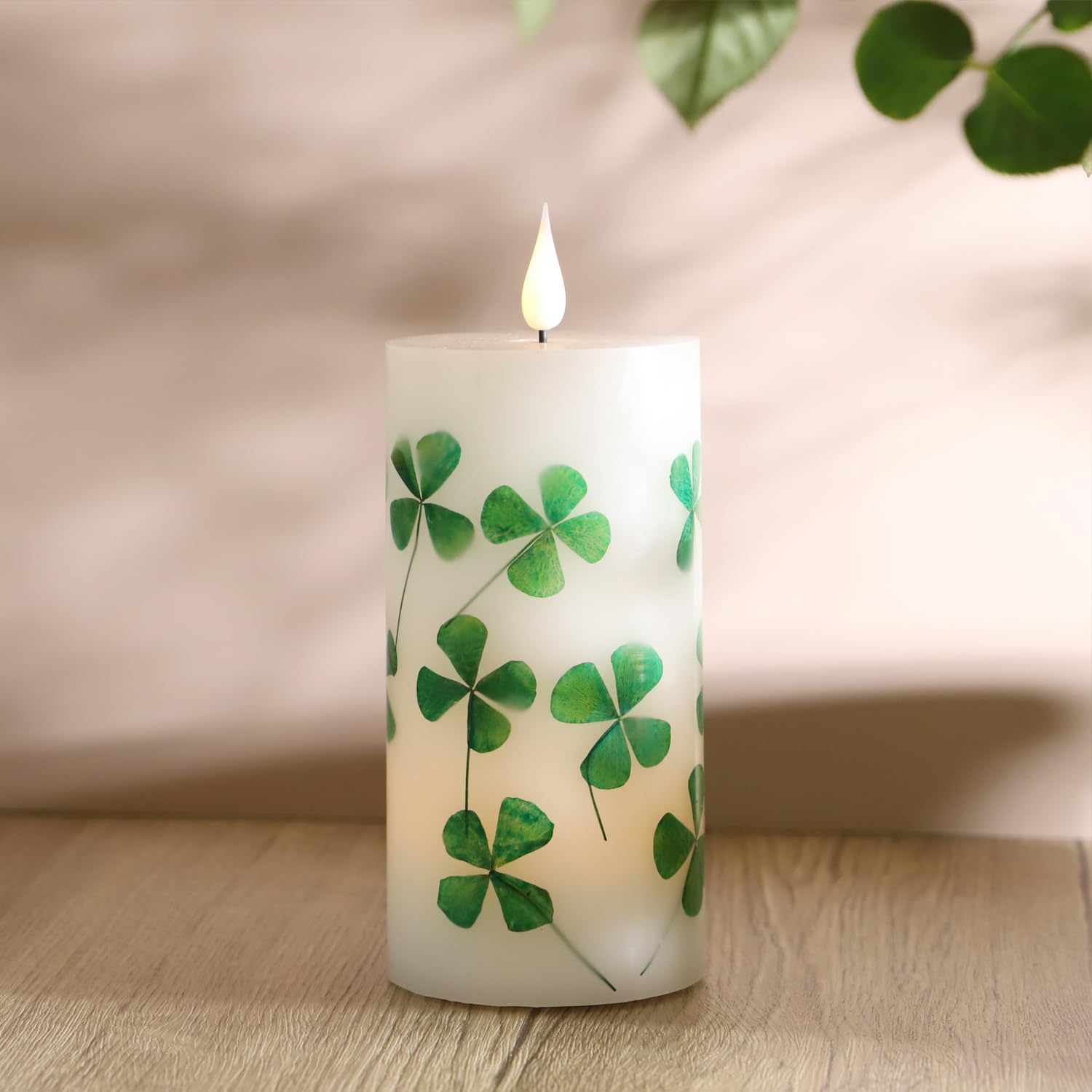 MIYA LIFE 3x6in shamrock candle adds festive charm to table settings.