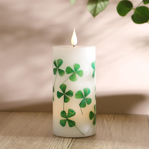 MIYA LIFE 3x6in shamrock candle adds festive charm to table settings.