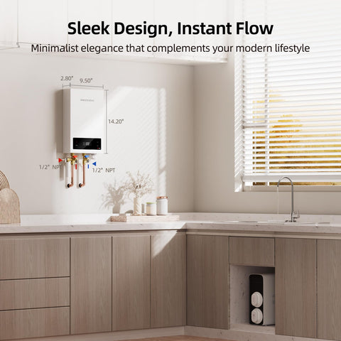 MIZUDO 2.6 GPM flow delivers instant hot water for 1–2 outlets.