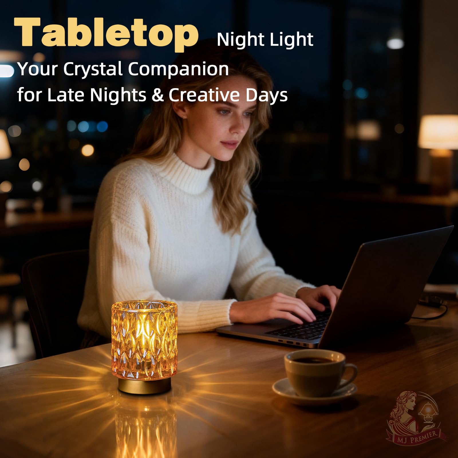 MJ Premier battery operated lamp with timer provides hands free ambiance.