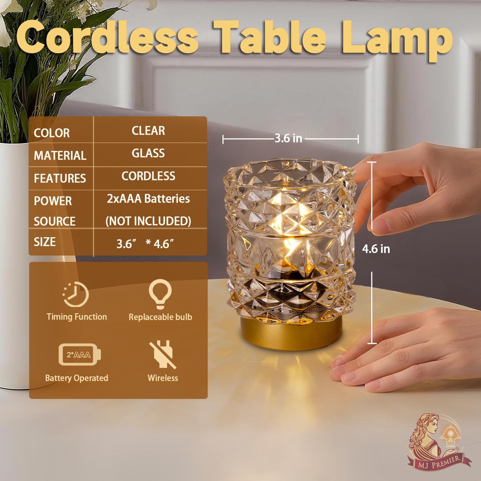 MJ PREMIER compact diamond texture lamp fits small shelves and desks.