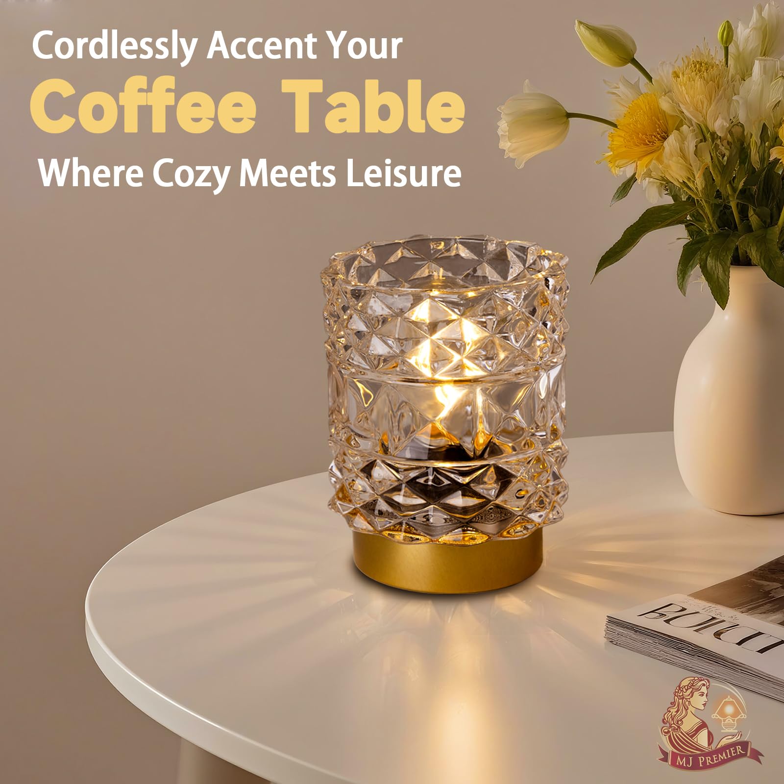 MJ PREMIER cordless table lamp placed in an entryway for flexible lighting.