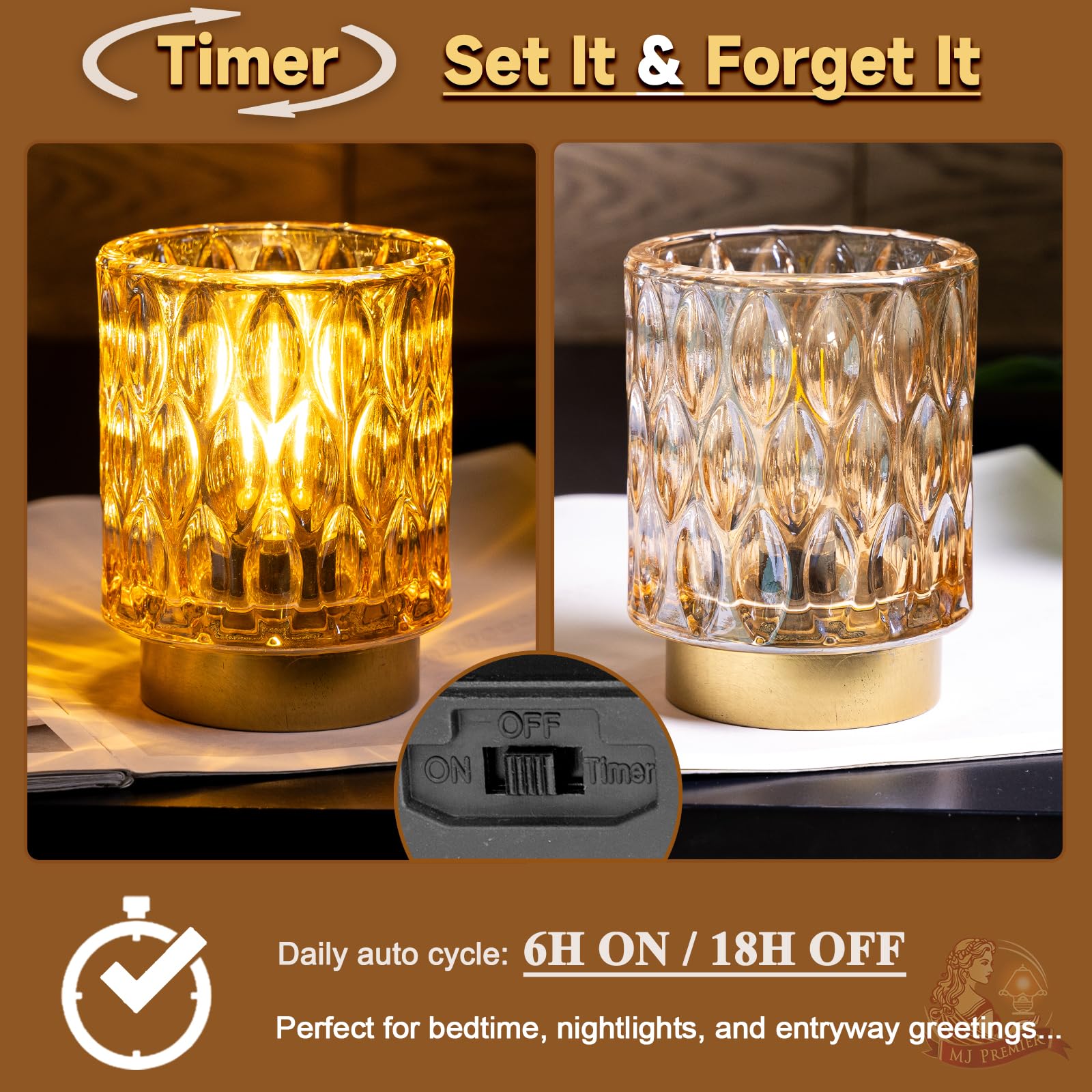 MJ PREMIER crystal lamp amber glow highlights fireplace area