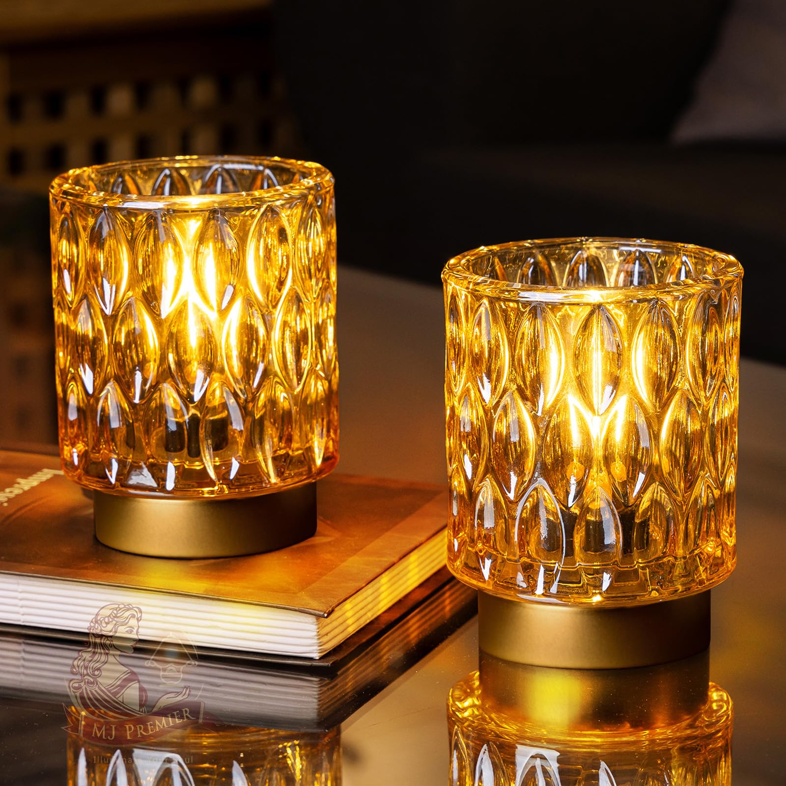 MJ PREMIER crystal mini lamp amber glow enhances ambient tabletop lighting