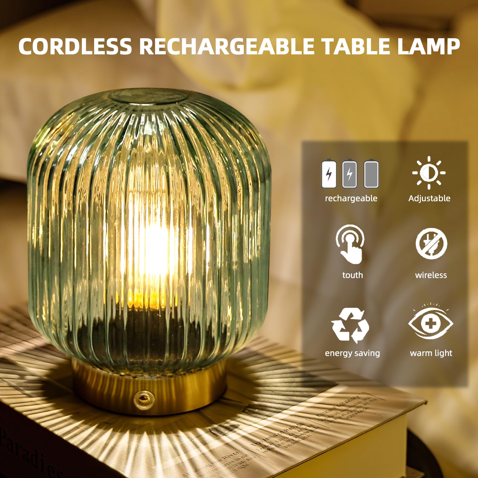 MJ PREMIER green-glass-shade lamp adds soothing ambience to any room