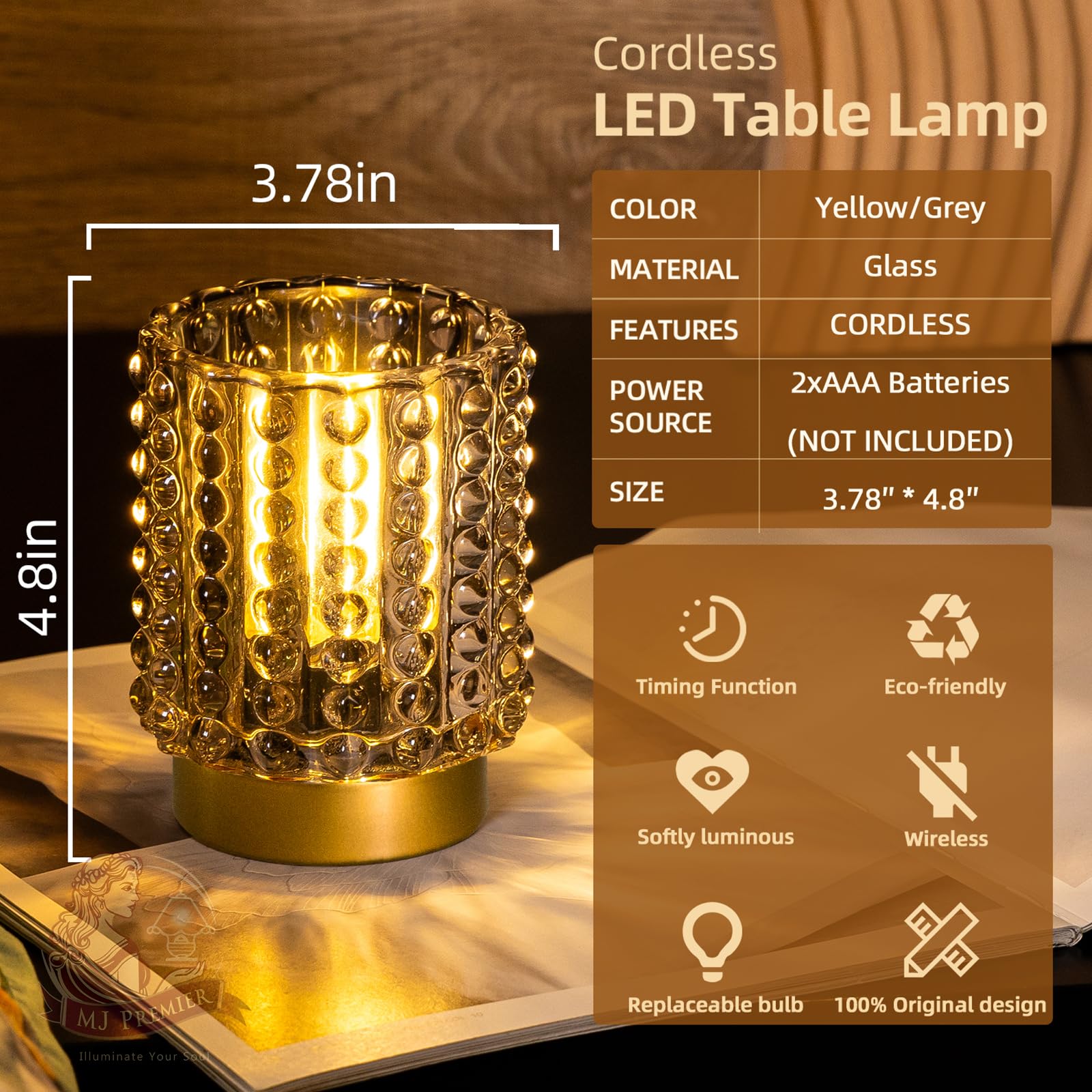 MJ PREMIER mini crystal lamp beads create a sparkling glow.