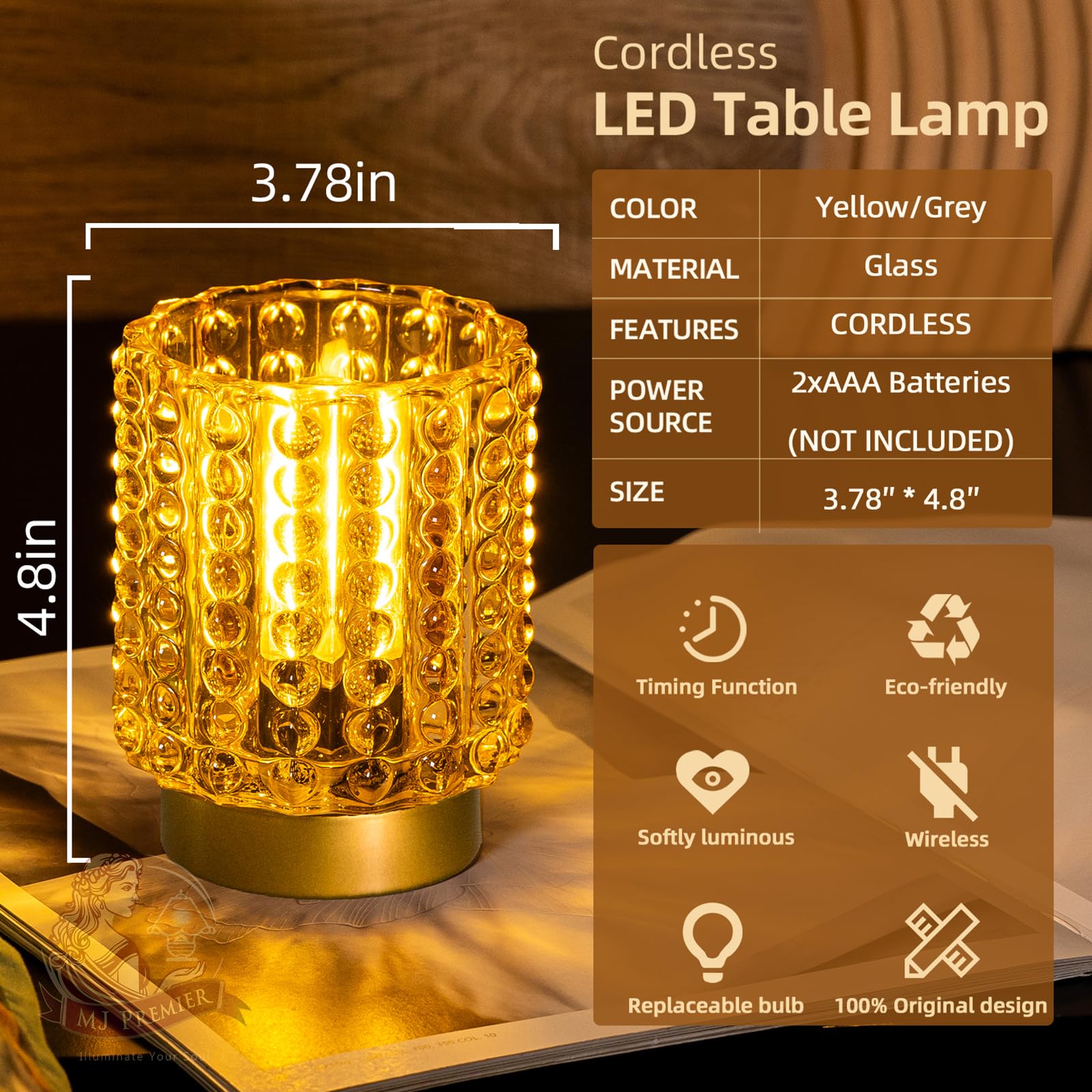 MJ PREMIER mini crystal lamp with yellow beads adds subtle sparkle to shelves.
