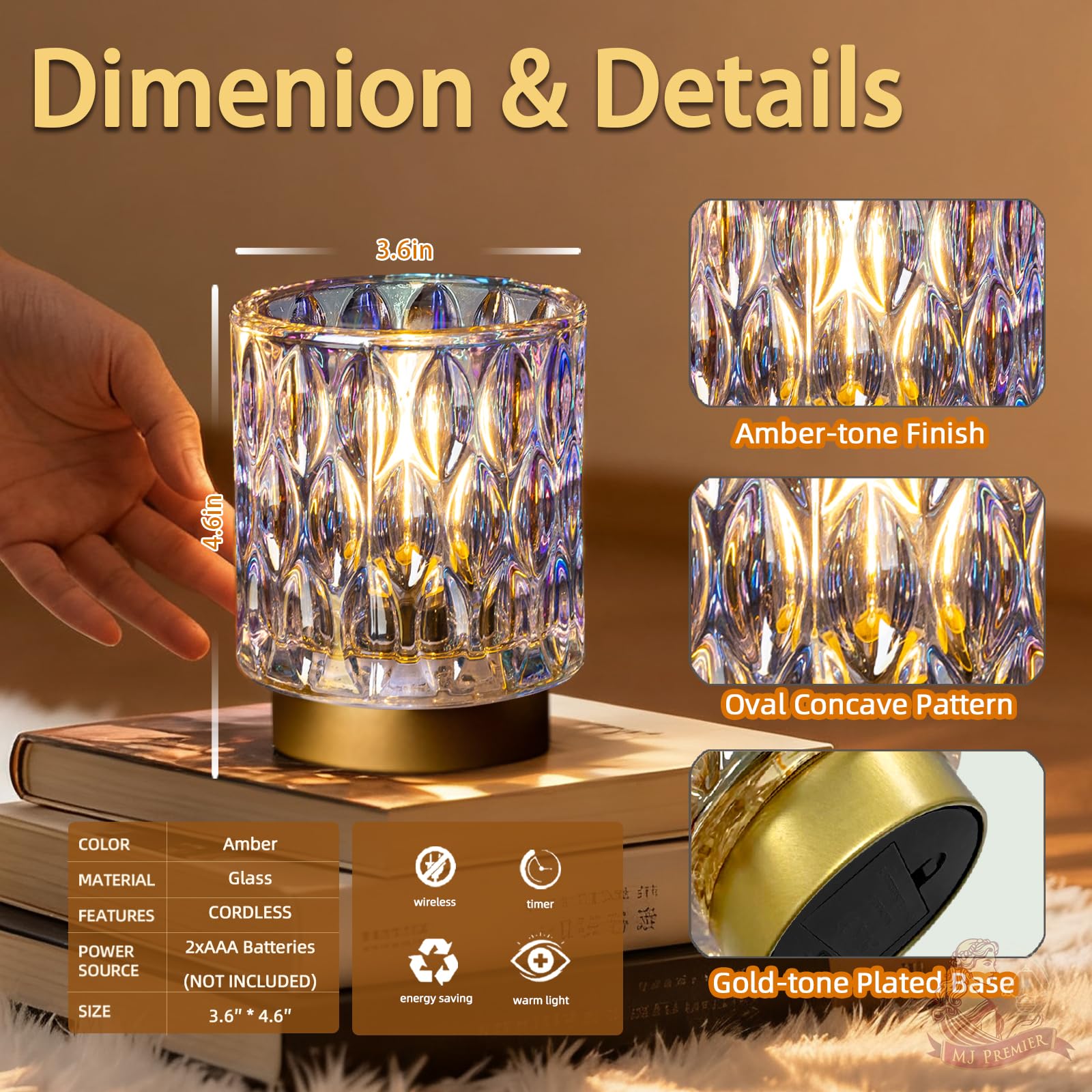 MJ PREMIER Pearl crystal lamp spotlighted on fireplace mantel for festive glow