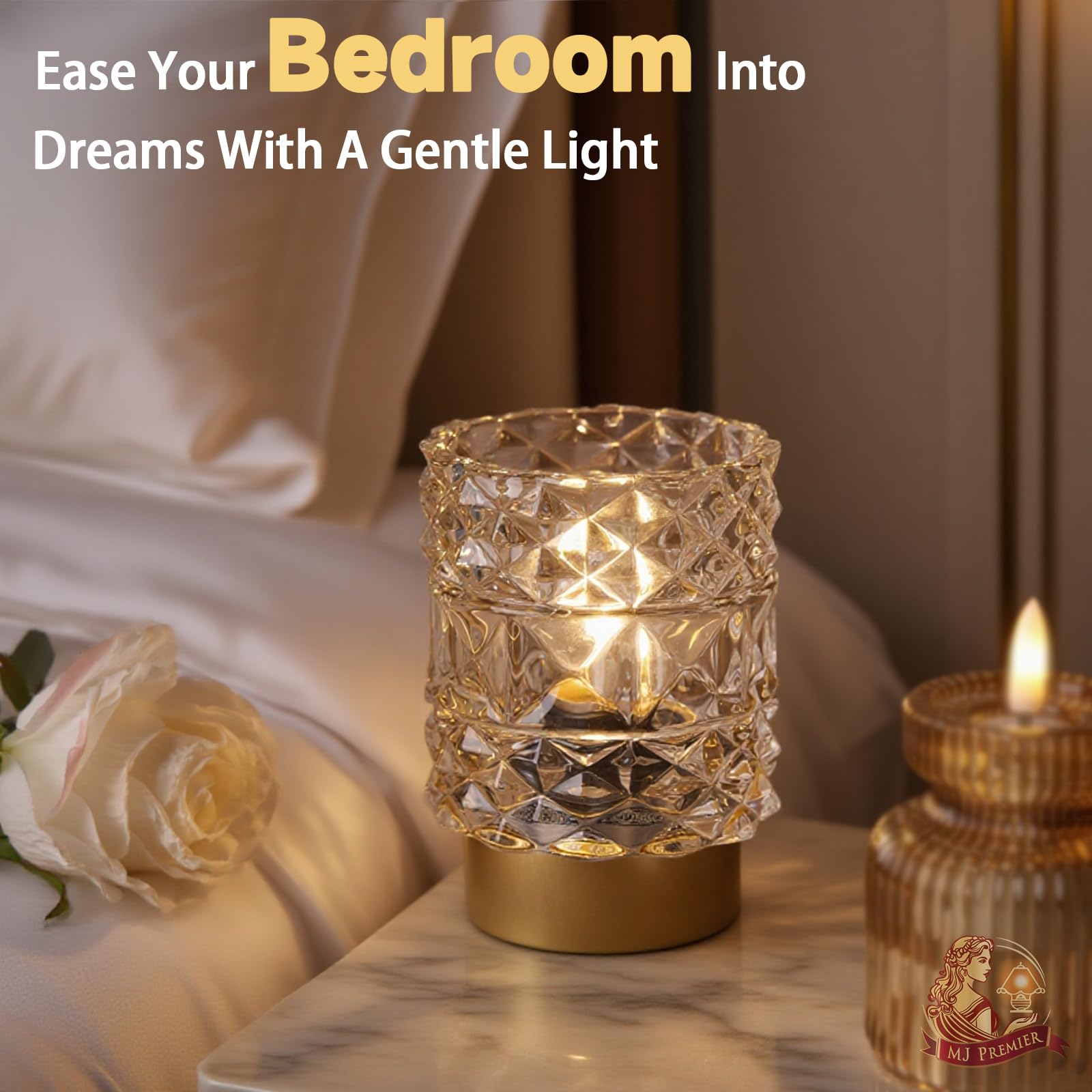 MJ PREMIER soft warm ambient light creates cozy bedside mood.
