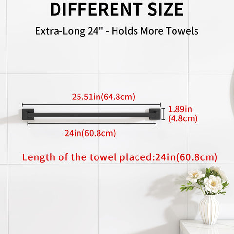 MKO towel bar in bathroom saves space while organizing towels and robes.