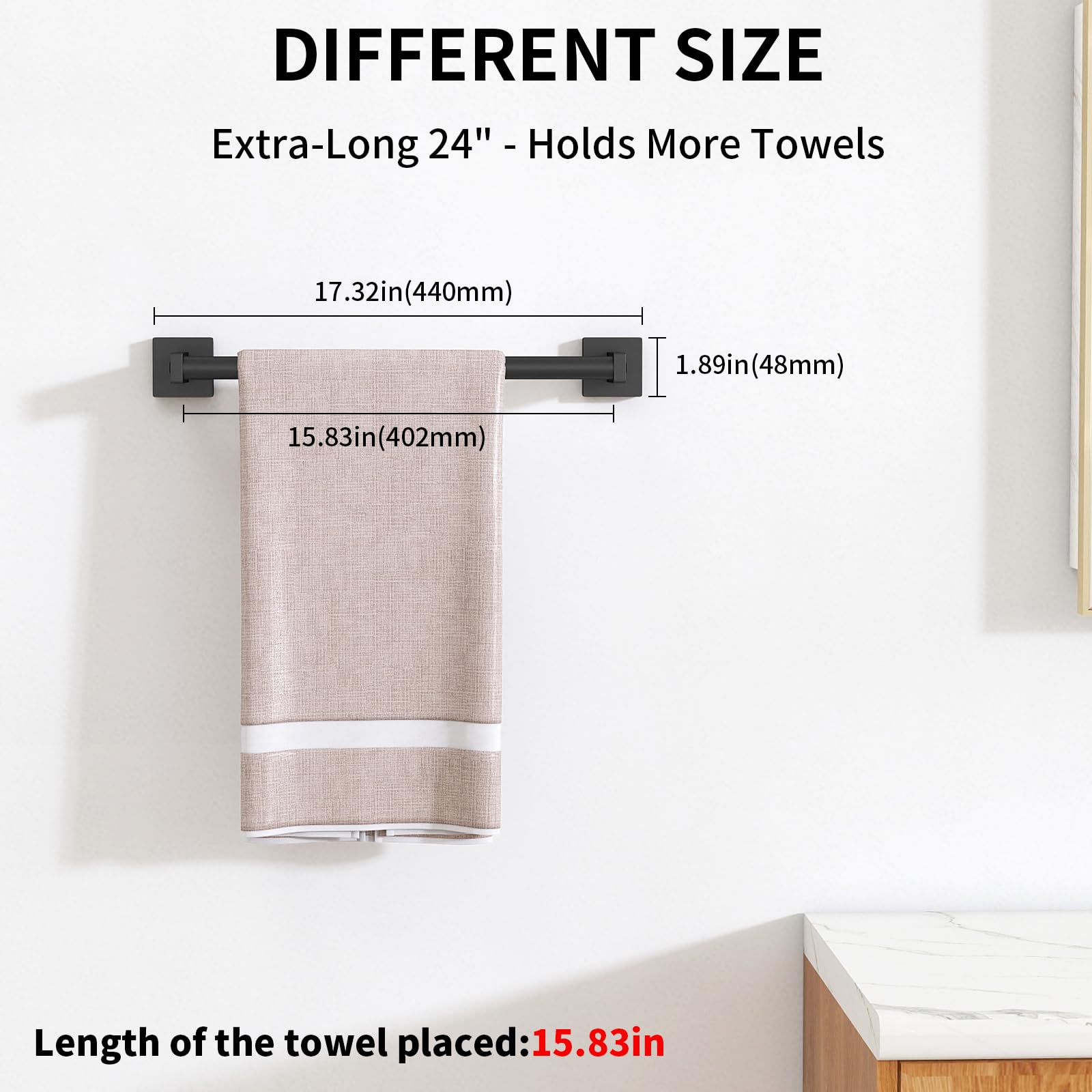 MKO towel bar mounted in kitchen near sink keeps hand towels organized.