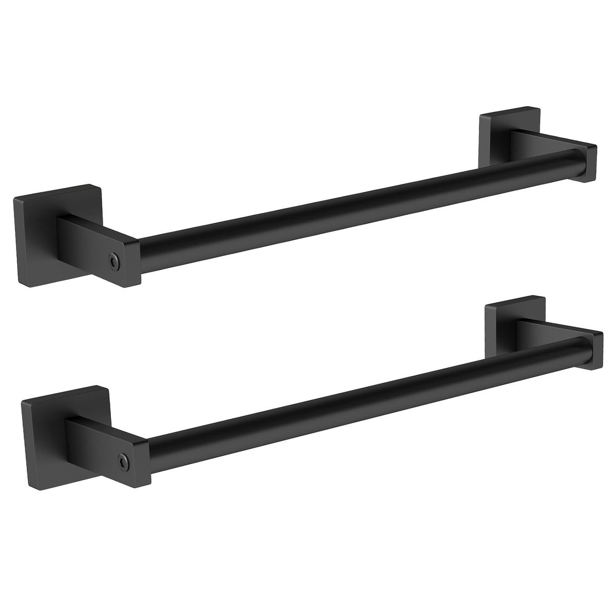 MKO towel bar in black, 16-inch wall mount, two-pack setup for bathroom towels.