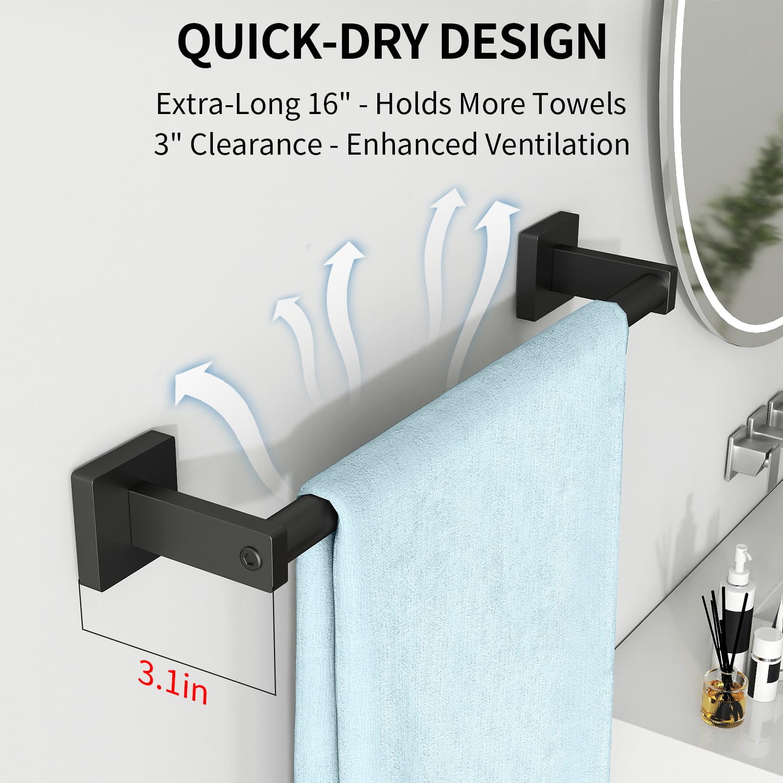 MKO towel bar includes mounting hardware for secure wall installation.