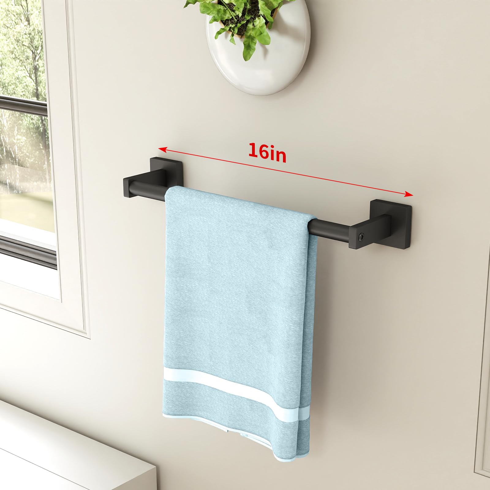 MKO towel bar in black aluminum finish resists moisture.