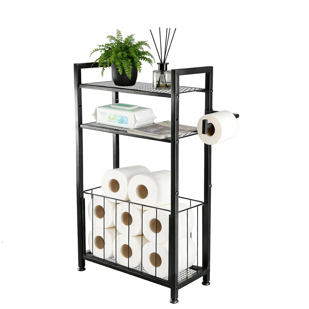 MKRBJ free-standing holder with shelf showing compact bathroom storage and extra roll capacity.