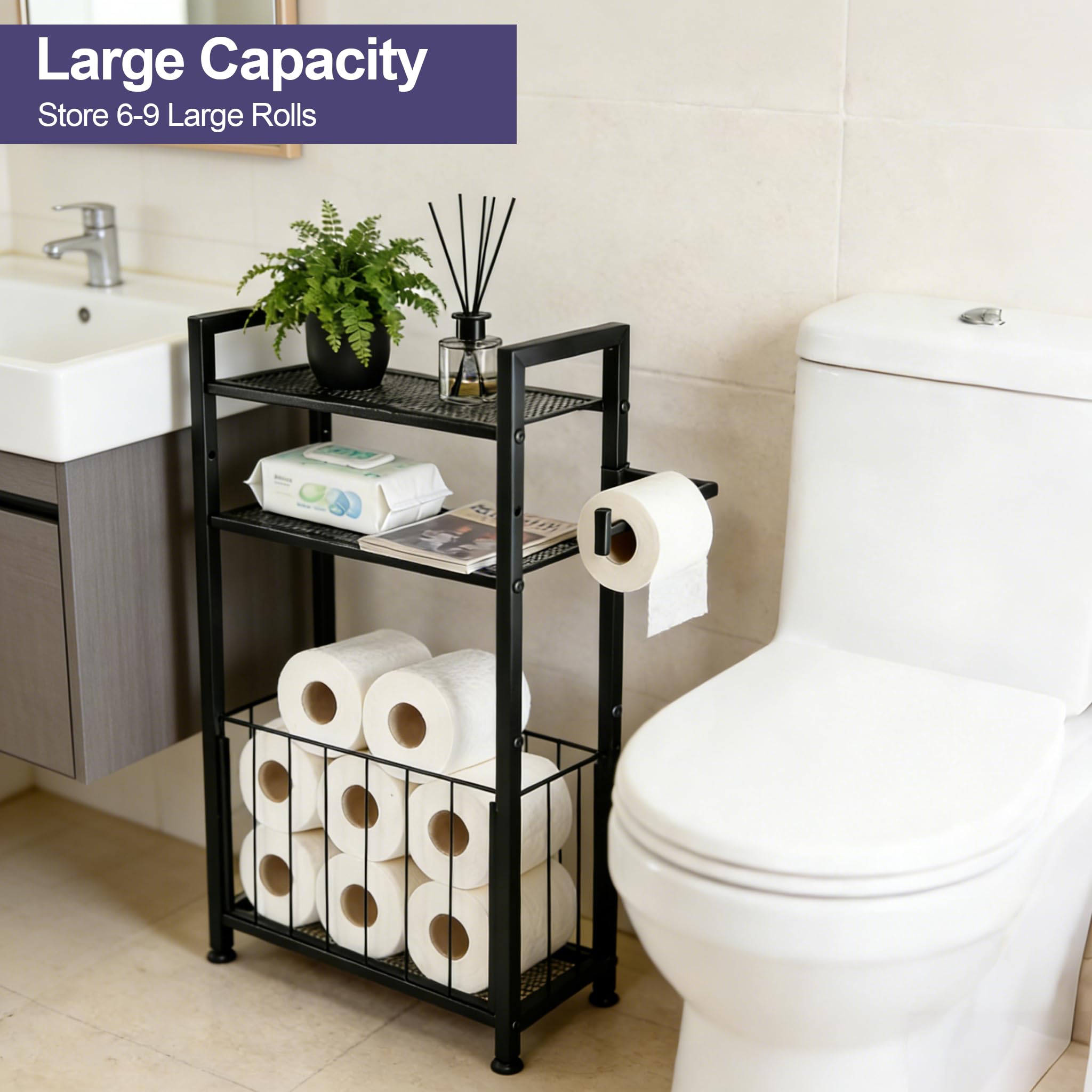 MKRBJ adjustable-feet toilet paper holder ensures stable placement on uneven floors.
