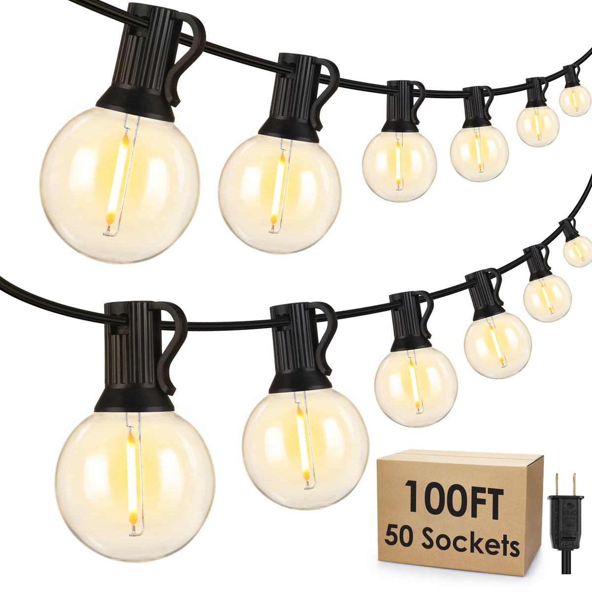 Mlambert 100ft LED outdoor string lights with globe bulbs for warm patio ambiance