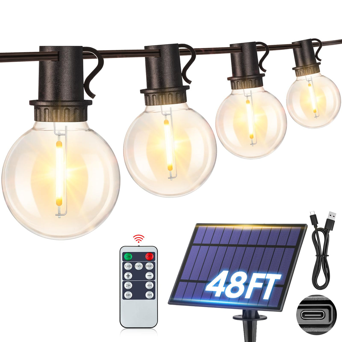 Mlambert 48ft solar string lights with 18 G40 bulbs create warm outdoor ambiance.