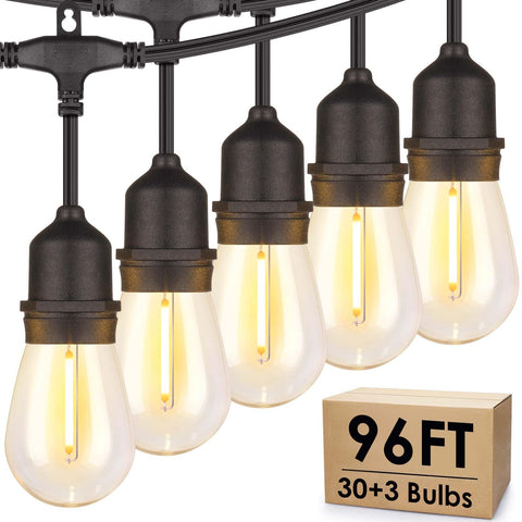 Mlambert 96ft LED outdoor string lights glow warmly for patio ambience.